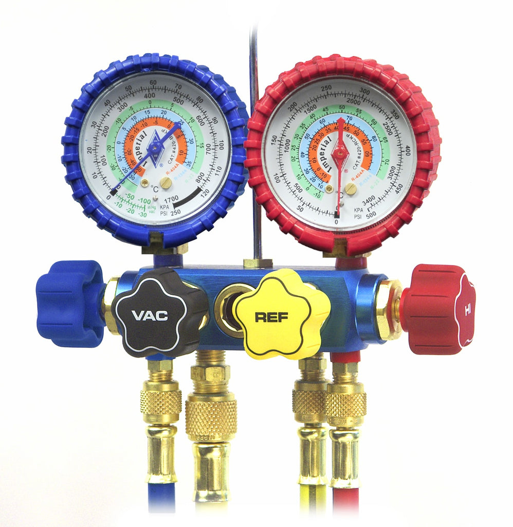 4 VALVE MANIFOLD (R22,R404A,R134A) WITH 3X60"HOSES, SIGHT GLASS & 60" VACUUM HOSE