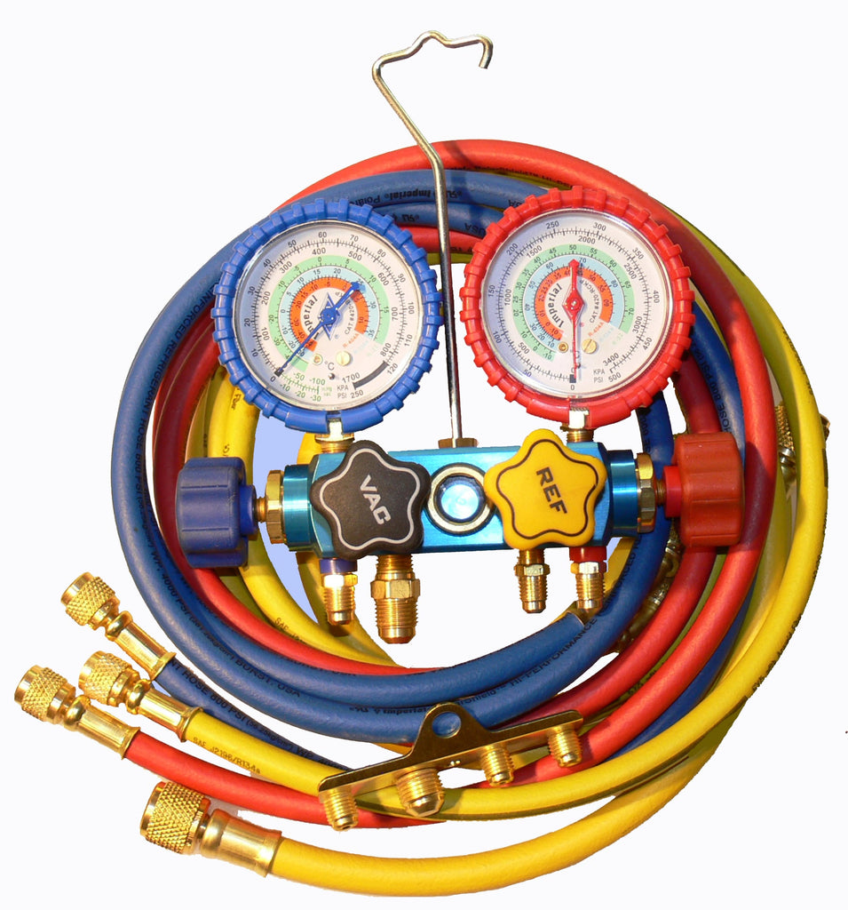 4 VALVE MANIFOLD (R22,R404A,R134A) WITH 3X60"HOSES, SIGHT GLASS & 60" VACUUM HOSE