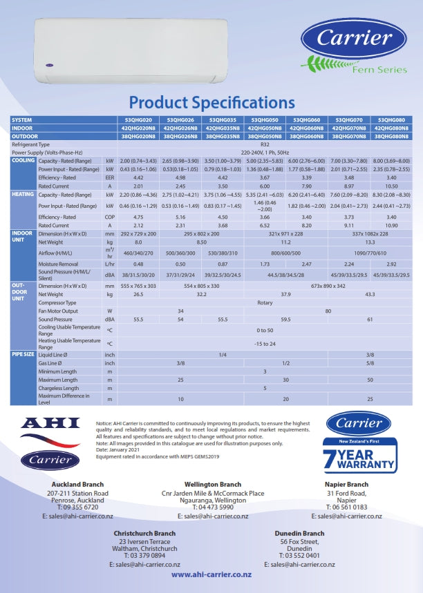 Carrier 3.5/3.75KW FERN HIWALL INVERTER - R32