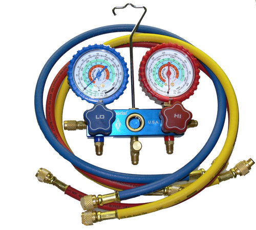 IMPERIAL R22,R404A,R134A, 2 VALVE SERVICE MANIFOLD WITH SIGHT GLASS, 3 X 60